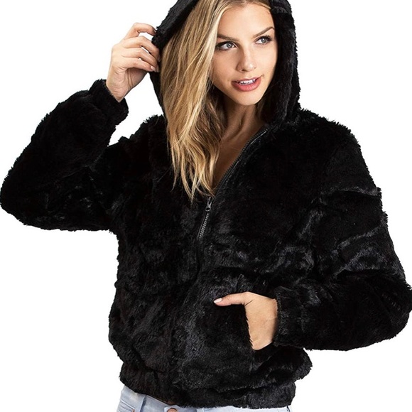 hooded faux fur bomber jacket